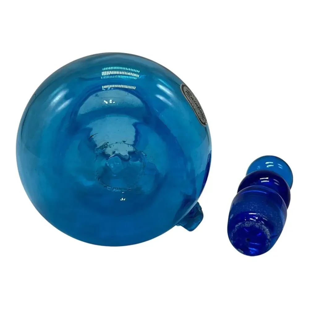 VTG RAINBOW Art Glass Bright Blue Pitcher Vase Decanter Oil Cruet Stopper 5in‎